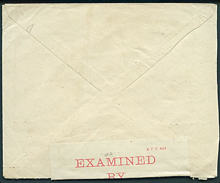 Ufrankeret britisk feltpostbrev med svagt stempel d. 5.9.1918 til Aarhus, Danmark. Bort-censureret unit censor og åbnet af Base Censor med rødt stempel S som markering af feltpost til udlandet.