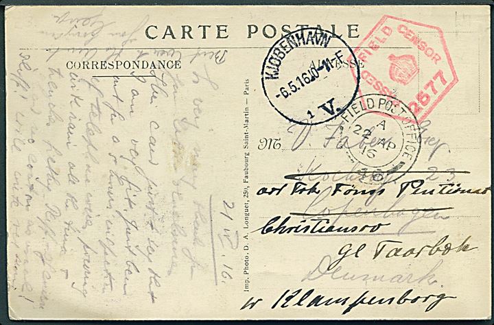 Ufrankeret britisk feltpostkort (Krigsødelæggelser på Vestfronten) stemplet Field Post Office 46 (= Somme, Frankrig) d. 22.4.1916 til København, Danmark - eftersendt til Taarbæk pr. Klampenborg. Rød unit censor no. 2577.