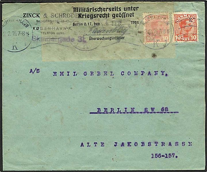 10 øre Chr. X (2) på brev fra Kjøbenhavn d. 2.2.1916 til Berlin, Tyskland. Åbnet af tysk censur i Berlin.