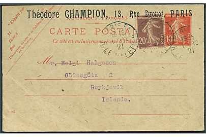 10 c. helsagsbrevkort opfrankeret med 20 c. fra Paris d. 1.12.1921 til Reykjavik, Island. Fold.