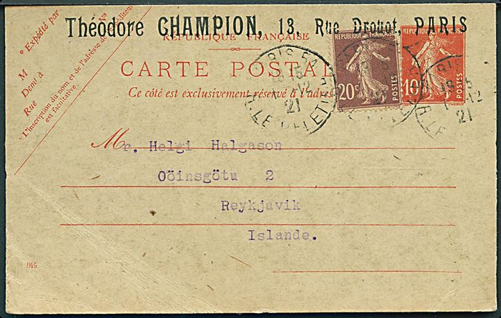 10 c. helsagsbrevkort opfrankeret med 20 c. fra Paris d. 1.12.1921 til Reykjavik, Island. Fold.