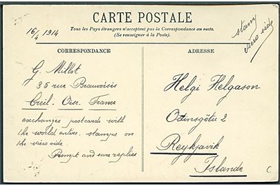 5 c. (2) på billedside af brevkort fra Criel d. 16.4.1914 via Paris til Reykjavik, Island.
