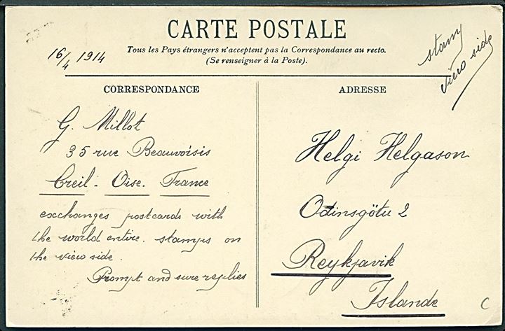 5 c. (2) på billedside af brevkort fra Criel d. 16.4.1914 via Paris til Reykjavik, Island.