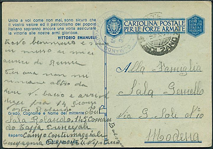Ufrankeret fortrykt feltpostkort fra Vipiteno Bolzano d. 22.5.1943 til Modena. Svagt afd.-stempel.