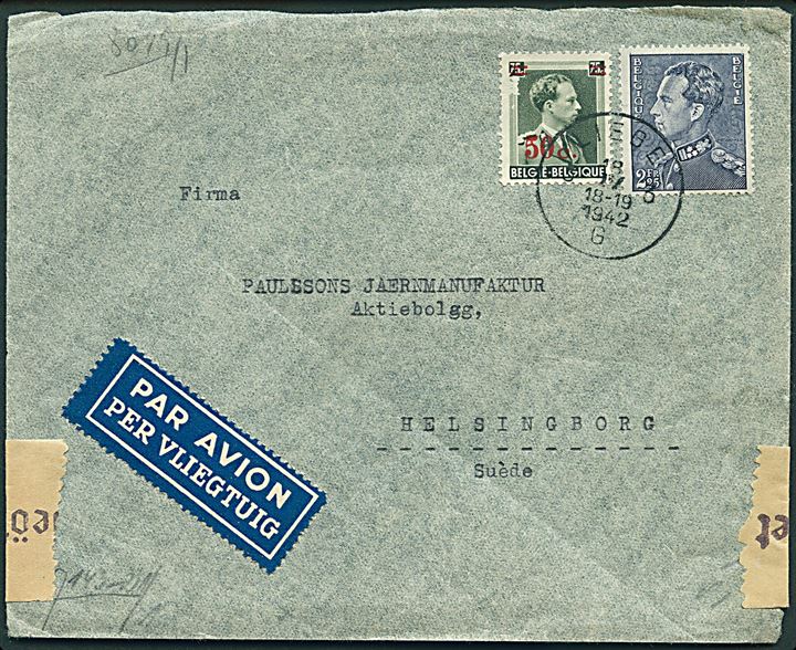 50/75 c. Provisorium og 2,25 fr. på luftpostbrev fra Liege d. 18.4.1942 til Helsingborg, Sverige. Åbnet af tysk censur i Berlin.