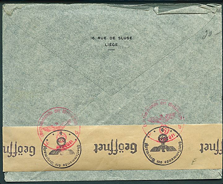 50/75 c. Provisorium og 2,25 fr. på luftpostbrev fra Liege d. 18.4.1942 til Helsingborg, Sverige. Åbnet af tysk censur i Berlin.