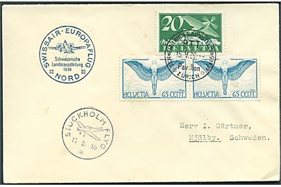 20 c. og 65 c. (par) på filatelistisk 1.-flyvningskuvert fra Zürich d. 15.5.1939 via Stockholm til Mjölby, Sverige.