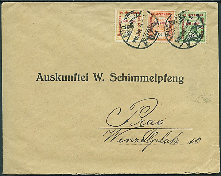 2 f., 3 f. og 5 f. Krigsvelgørenhed på brev fra Budapest d. x.7.1916 til Prag, Østrig.
