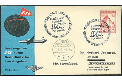 30 øre 1000 års udg. på SAS 1.-flyvningskuvert annulleret med særstempel i København Lufthavn d. 15.11.1954 til Sdr. Strømfjord, Grønland. 