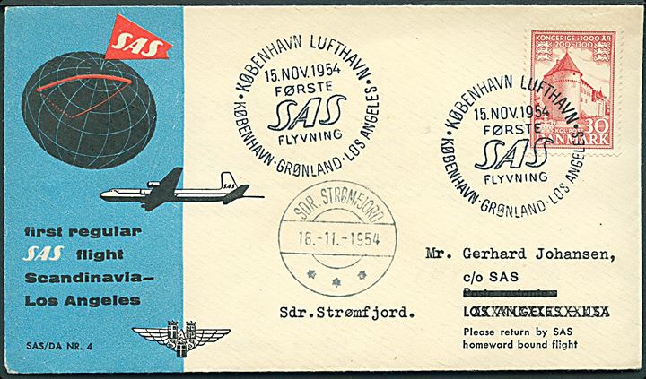 30 øre 1000 års udg. på SAS 1.-flyvningskuvert annulleret med særstempel i København Lufthavn d. 15.11.1954 til Sdr. Strømfjord, Grønland. 