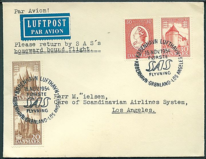 20 øre (2), 30 øre 1000 års udg. og 30 øre Kunstakademiet på SAS 1.-flyvningskuvert annulleret med særstempel i København Lufthavn d. 15.11.1954 til Los Angeles, USA.