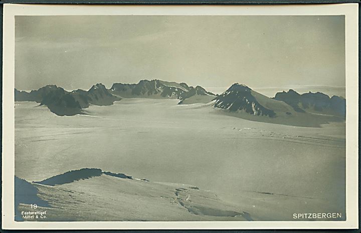 Svalbard. Udsigt over Spitzbergen. Reklamekort fra Det Bergenske Dampskibsselskab. Mittet & Co. no. 19.
