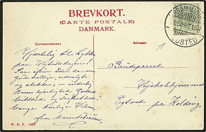 5 øre Fr. VIII helsagsafklip som frankering på postkort fra Ribe annulleret med bureaustempel Bramminge - Vedsted T.1061 d. 6.10.1909 til Egtved pr. Kolding.