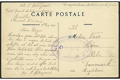 Ufrankeret krigsfange brevkort dateret 22.4.1917 fra sønderjyde i særlejr Aurillac til Ribe, Danmark. Stort ovalt lejr-censurstempel. Tekst på dansk.