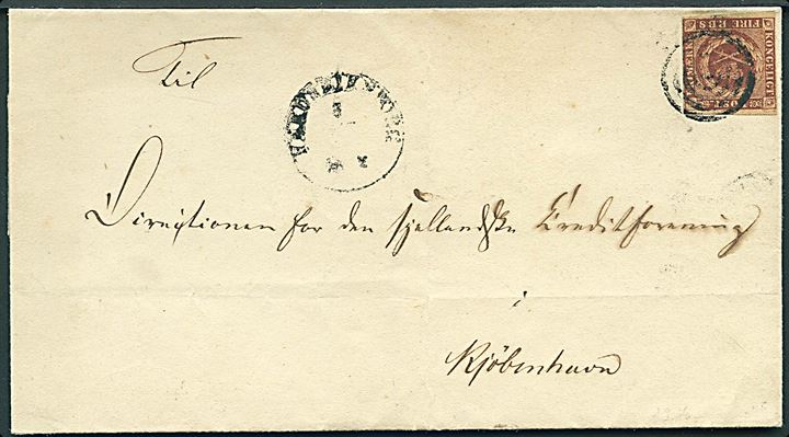 4 R.B.S. Ferslew på brev annulleret med stumt stempel og sidestemplet med 1½ ringsstempel Frederiksborg. d. 5.x.1852 til Kjøbenhavn. Attest Grønlund.