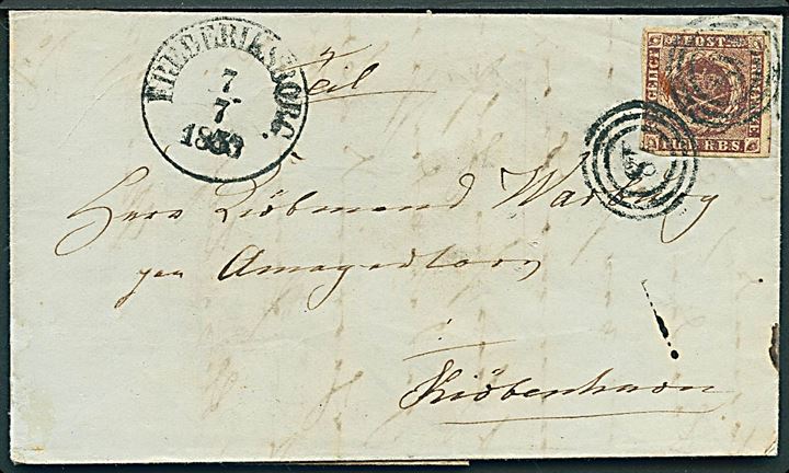 4 R.B.S. Thiele I på brev annulleret med nr.stempel 18 og sidestemplet antiqua Frederiksborg. d. 7.7.1853 til Kiøbenhavn.