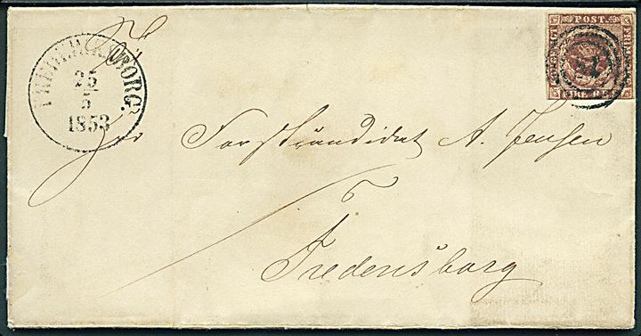 4 R.B.S. Thiele I på brev annulleret med nr.stempel 18 og sidestemplet antiqua Frederiksborg. d. 25.5.1853 til Fredensborg.
