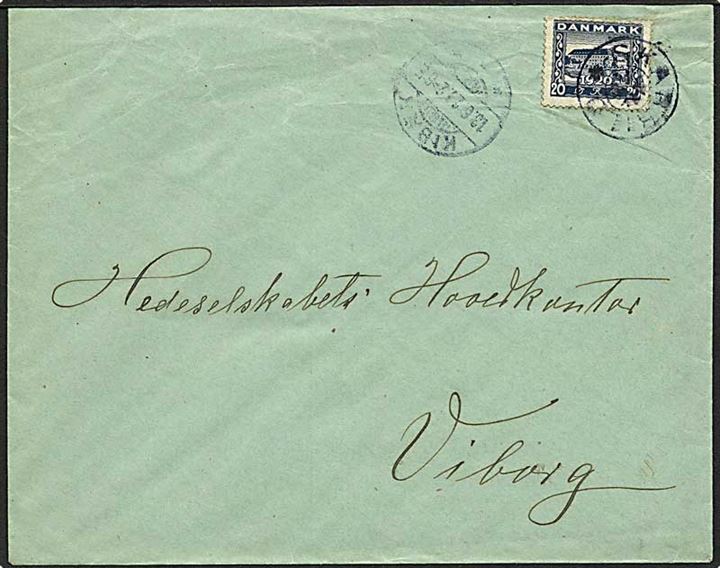 20 øre Genforening på brev annulleret med stjernestempel SKARRILD og sidestemplet Kibæk d. 13.6.1921 til Viborg.