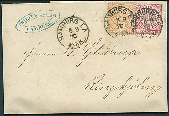 ½ gr. og 1 gr. på brev fra Hamburg d. 8.8.1870 til Ringkjøbing, Danmark. Særtakst fra Hertugdømmerne til Danmark.