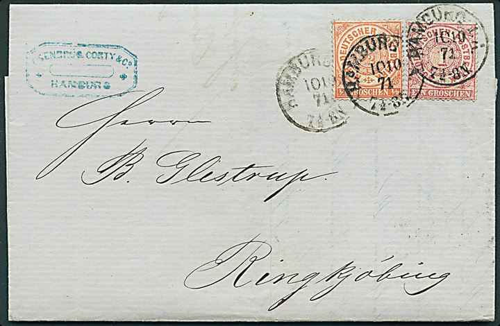 ½ gr. og 1 gr. på brev fra Hamburg d. 10.10.1871 til Ringkjøbing, Danmark. Særtakst fra Hertugdømmerne til Danmark.