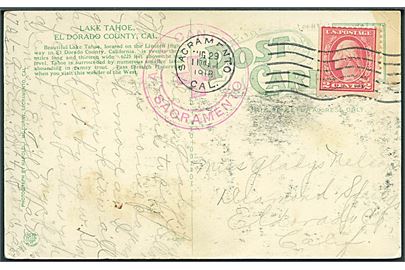 2 cents Washington på brevkort fra Sacramento d. 29.8.1918 til Eldorado. Rødt stempel: A.R.C. Canteen Sacramento (A.R.C. = American Red Cross).