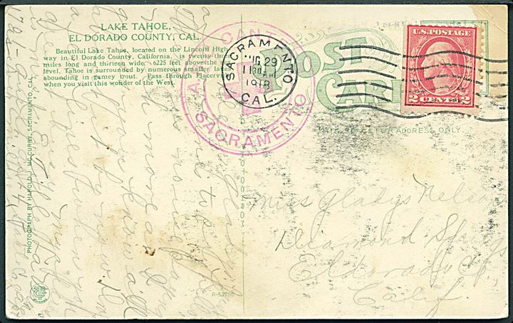 2 cents Washington på brevkort fra Sacramento d. 29.8.1918 til Eldorado. Rødt stempel: A.R.C. Canteen Sacramento (A.R.C. = American Red Cross).