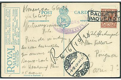 1½d George V på brevkort (R.M.S.P. Almanzora) annulleret med portugisisk skibsstempel Paquete/Paquebot og sidestemplet Lisboa d. 9.10.1928 til Paris, Frankrig. Svagt purserstempel.