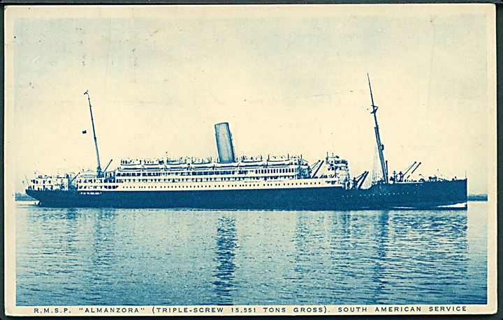 1½d George V på brevkort (R.M.S.P. Almanzora) annulleret med portugisisk skibsstempel Paquete/Paquebot og sidestemplet Lisboa d. 9.10.1928 til Paris, Frankrig. Svagt purserstempel.