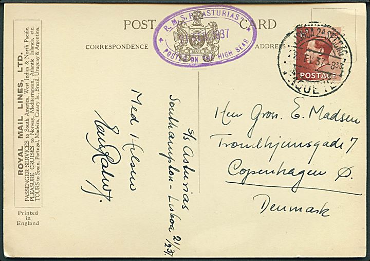 1½d Edward VIII på brevkort (R.M.S.P. Asturias) annulleret med portugisisk skibsstempel Paquebot Lisboa d. 22.1.1937 til København, Danmark. Violet purserstempel.