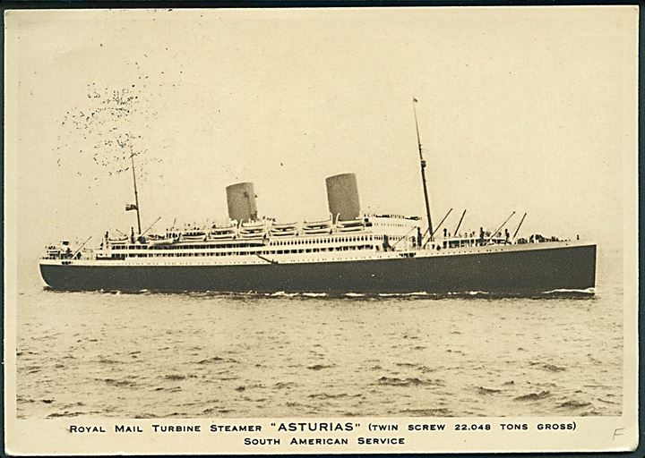 1½d Edward VIII på brevkort (R.M.S.P. Asturias) annulleret med portugisisk skibsstempel Paquebot Lisboa d. 22.1.1937 til København, Danmark. Violet purserstempel.