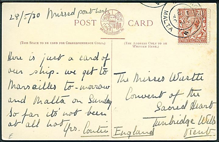 1½d George V på brevkort (S/S Razmak) annulleret med skibsstempel Paquebot Malta d. 2.6.1930 til Turnbridge Wells, England.