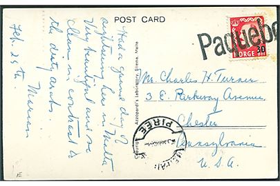 30/25 øre Provisorium på brevkort fra Malta annulleret med græsk skibsstempel Paquebot og sidestemplet i Piræus d. 3.3. ca. 1952 til Chester, USA.