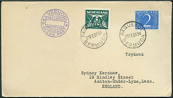2 c. og 2½ c. på filatelistisk skibsbrev annulleret Paquebot Bermuda d. 21.2.1949 og sidestemplet S.S. Veendam / Holland America-Line / Ocean Post til Ashton-under-Lyne, England.