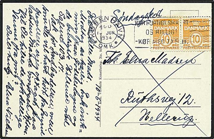 10 øre Bølgelinie i parstykke på søndagsbrevkort fra København d. 10.6.1934 til Hellerup.