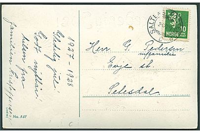 10 øre Løve på julekort annulleret med sejlende bureaustempel Saltens Posteksp. D d. 21.12.1927 til Selesdal.