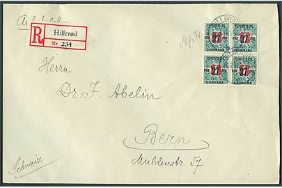 27 øre/1 kr. Provisorium i fireblok på anbefalet brev fra Hillerød d. 29.7.1918 til Bern, Schweiz. Påskrevet Afs. Fr. (Afsenders frankering).