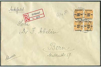 27/29 øre Provisorium i fireblok på anbefalet brev fra Hillerød d. 26.8.1918 til Bern, Schweiz. Påskrevet Afs F (Afsenders frankering).
