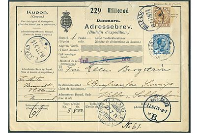20 øre og 1 kr. Chr. X på internationalt adressekort for pakke fra Hillerød d. 26.7.1917 via Kjøbenhavn og Malmö til Grafversfors, Sverige. Fold.