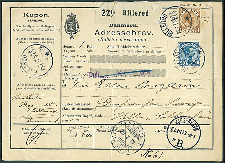 20 øre og 1 kr. Chr. X på internationalt adressekort for pakke fra Hillerød d. 26.7.1917 via Kjøbenhavn og Malmö til Grafversfors, Sverige. Fold.