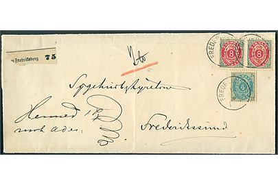 4 øre og 8 øre (par) Tofarvet på pakkefølgebrev annulleret med lapidar Frederiksborg d. 17.8.1886 til Frederikssund.
