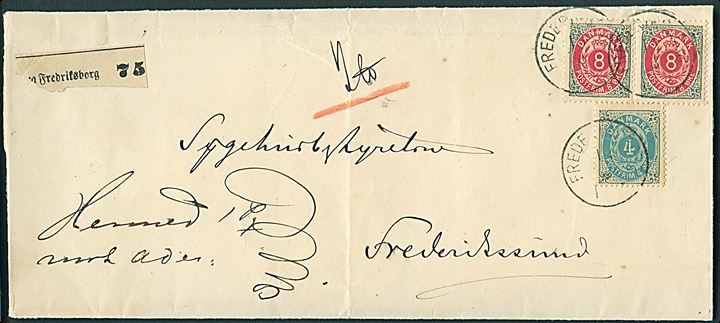 4 øre og 8 øre (par) Tofarvet på pakkefølgebrev annulleret med lapidar Frederiksborg d. 17.8.1886 til Frederikssund.