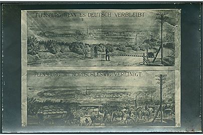Genforeningen 1920. Foto af valgagitationsplakat: Flensburg wenn es Deutsch verbleibt. / Flensburg mit Nordschleswig vereinigt. Fotokort u/no.