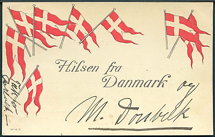 Hilsen fra Danmark med flag. Warburgs Kunstforlag u/no. 
