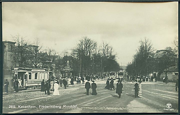 Frederiksberg Runddel med sporvogne linie 1 no 165 og no. 327, 256, København. Alex Vincents no. 269. Fotokort. 