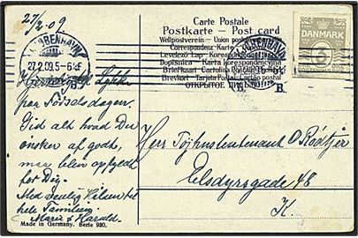 3 øre helsagsafklip som frankering på lokalt brevkort i Kjøbenhavn d. 27.2.1909.