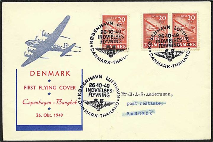 20 øre DDL (3) på illustreret 1. flyvningskuvert annulleret med særstempel København Lufthavn Danmark-Thailand d. 26.10.1949 til poste restante i Bangkok, Thailand.