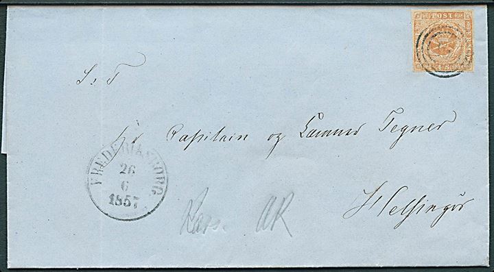 4 sk. 1854 udg. på brev annulleret med nr.stempel 18 og sidestemplet antiqua Frederiksborg d. 26.6.1857 til Helsingør.