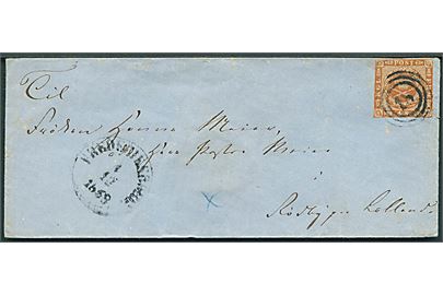 4 sk. 1858 udg. på brev annulleret med nr.stempel 18 og sidestemplet antiqua Frederiksborg d. 1.12.1858 til Rødby på Lolland. Lille blåkridt x af ukendt betydning.