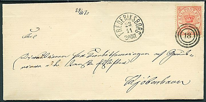 4 sk. Krone/Scepter på brev annulleret med nr.stempel 18 og sidestemplet lapidar Frederiksborg d. 23.11.1870 til Kjøbenhavn.