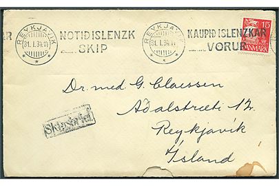 15 øre Karavel på brev annulleret med islandsk TMS i Reykjavik d. 31.1.1934 og sidestemplet Skipsbrjef til Reykjavik, Island.